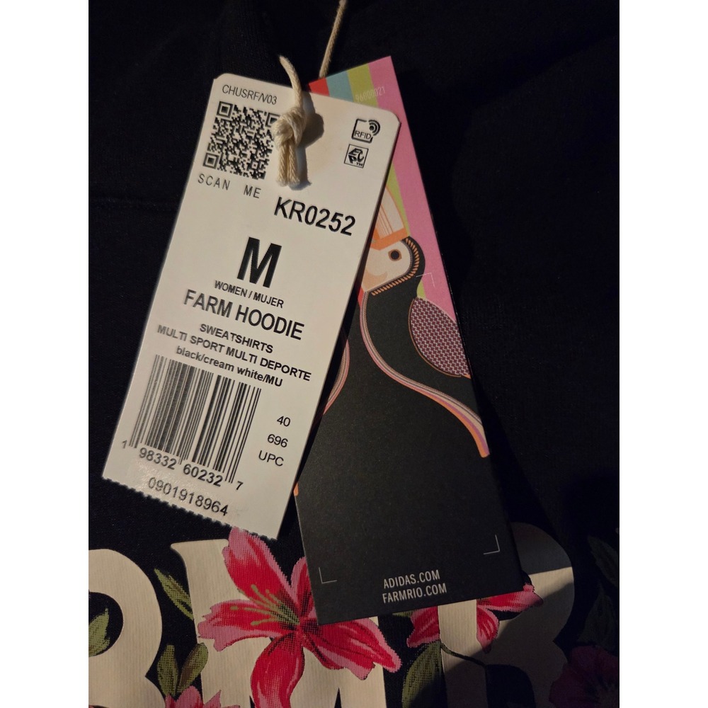 Adidas x Farm Rio Womens Floral Graphic Pullover Hoodie Black Oversized HI5235 - Picture 3 of 3